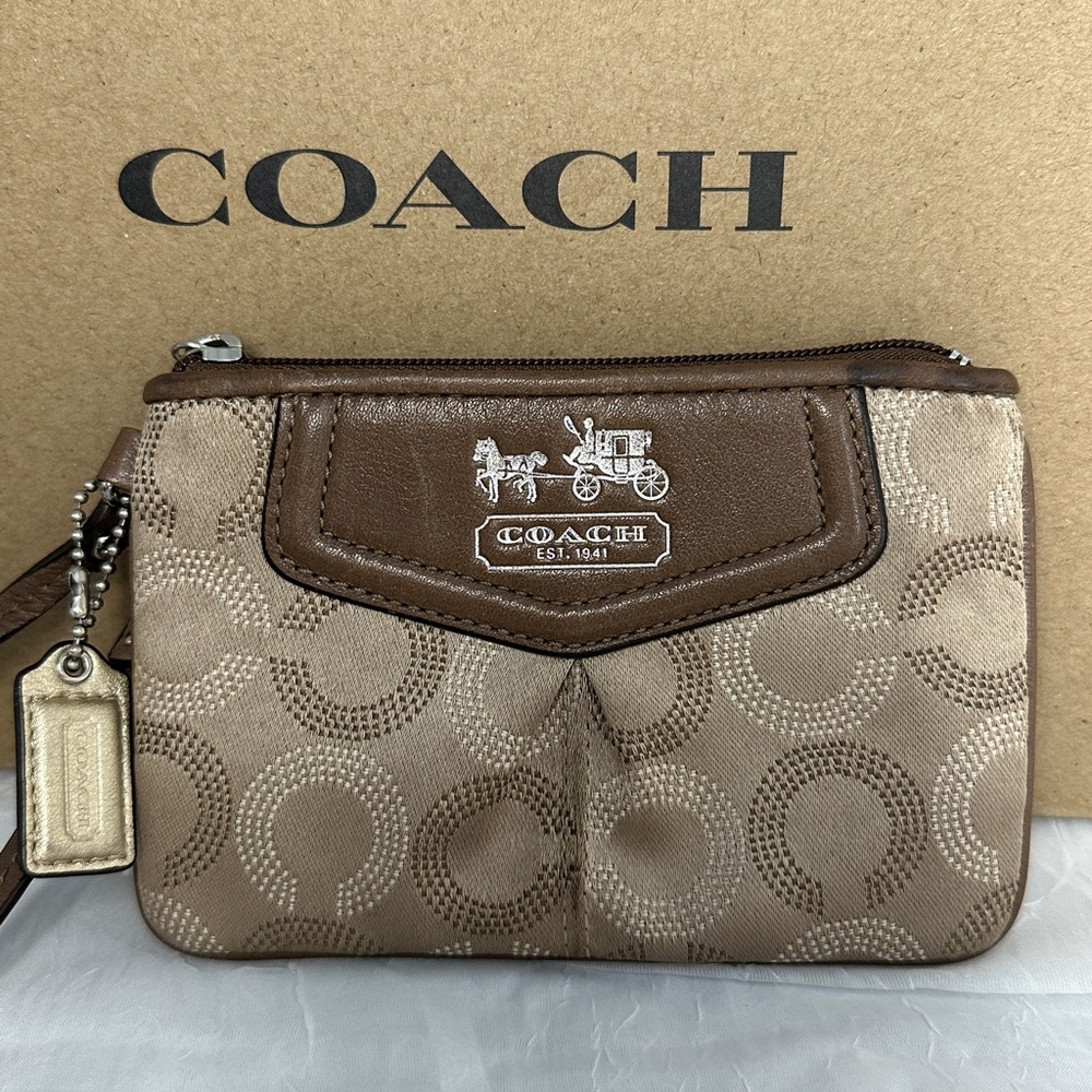 Coach Tan and Brown Signature Wristlet